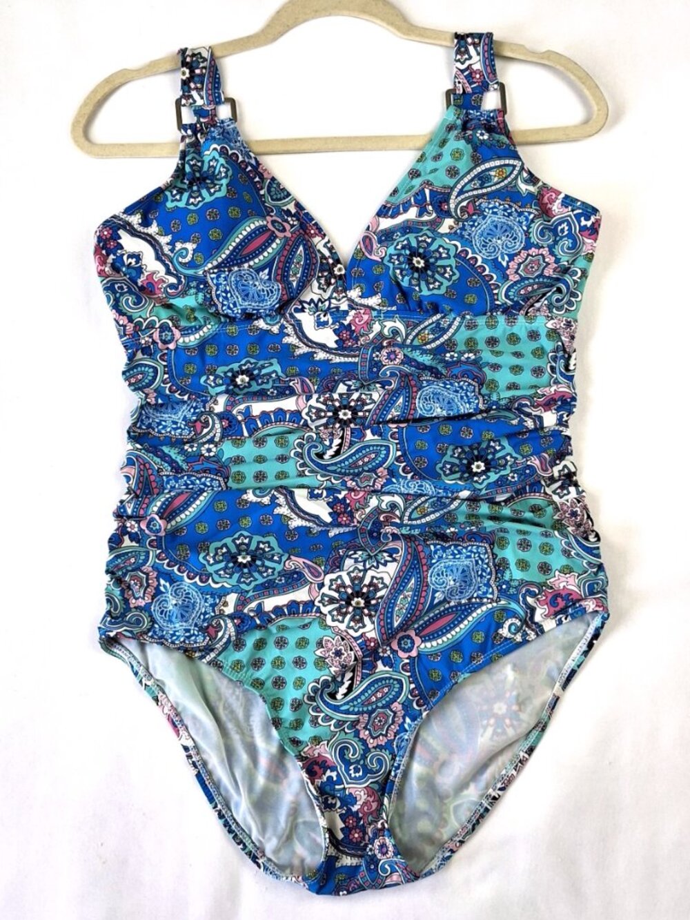ASSETS by Sara Blakely Spanx Sz 12 One Piece Swimsuit Blue Paisley Slimming Mesh